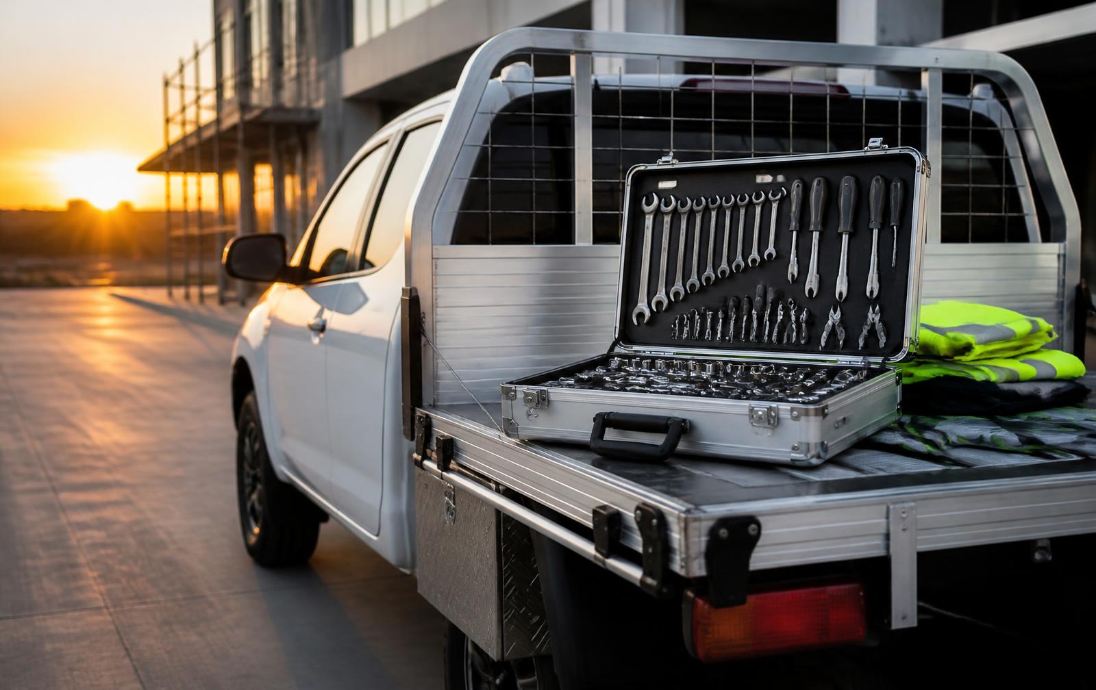 Work ute with an open tool case at a Perth commercial building site
